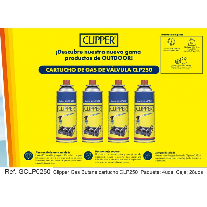 Clipper Gas Camping Butano cartucho CLP250 para Hornillos, 1x4uds
